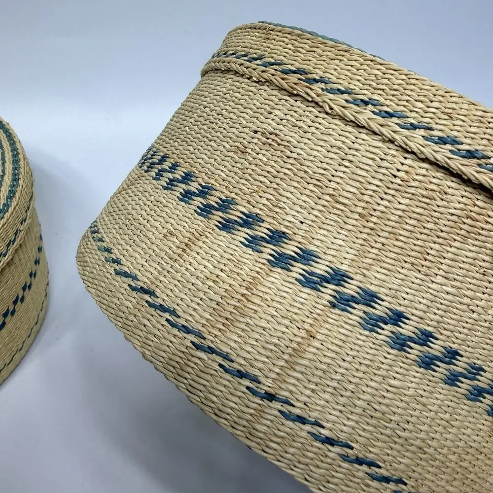 Set 2 Beige Teal Green Tightly Woven Nesting Baskets Lids Boxes Round 5.75